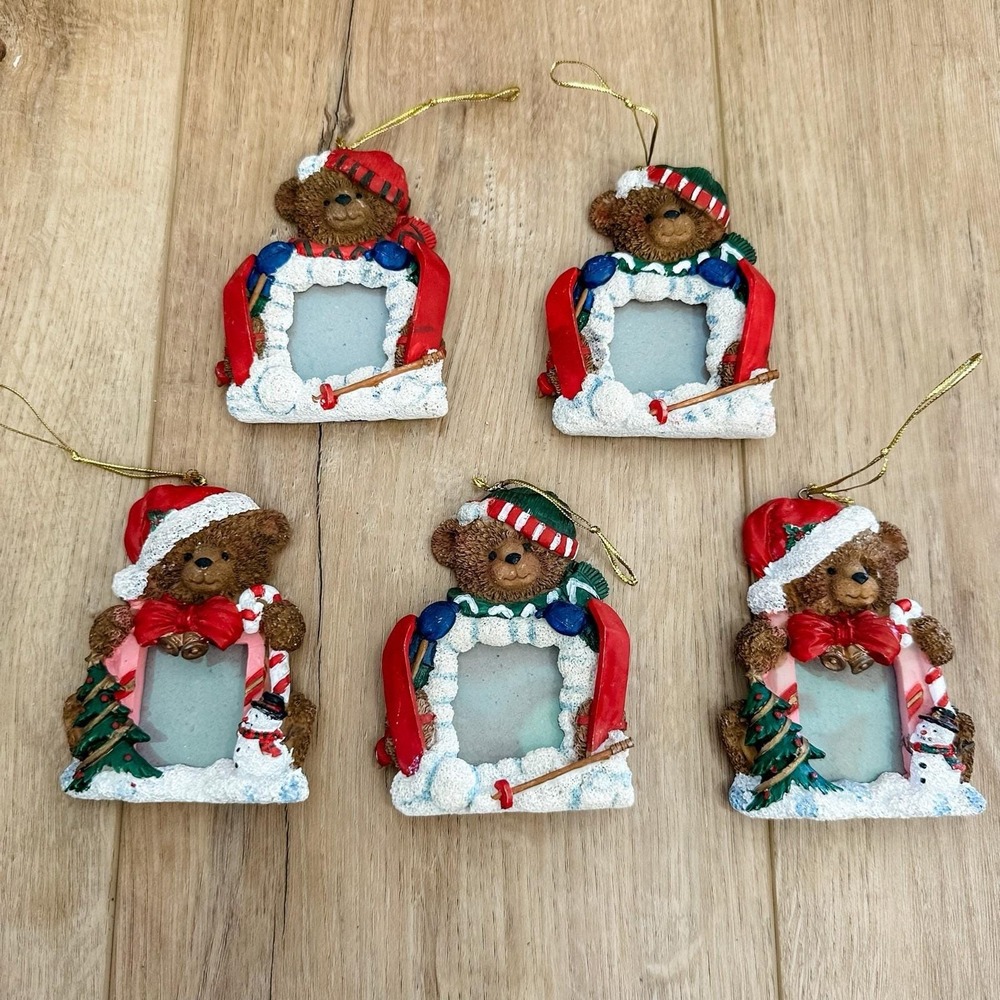 VTG Lot 5 Resin Teddy Bear Christmas Ornaments 3 1/2" Candy Cane Siblings Cousin